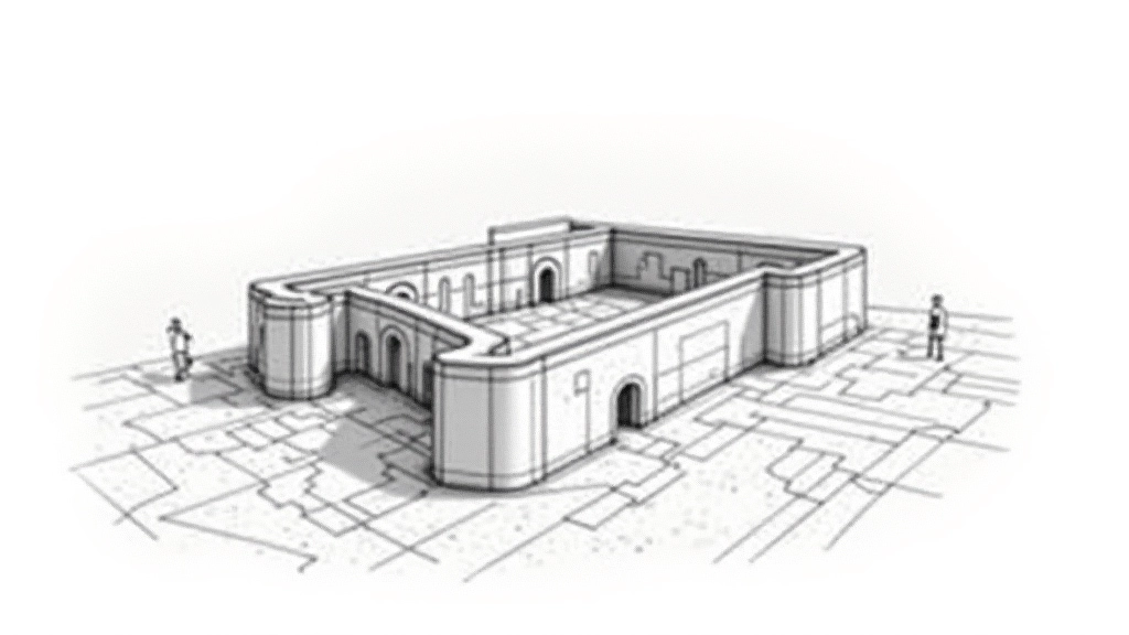 Plano arquitectónico de bastión mostrando ángulos y proporciones matemáticas precisas