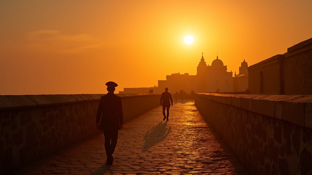 Luz dorada del atardecer sobre los muros de piedra de los bastiones con cielo degradado en tonos cálidos