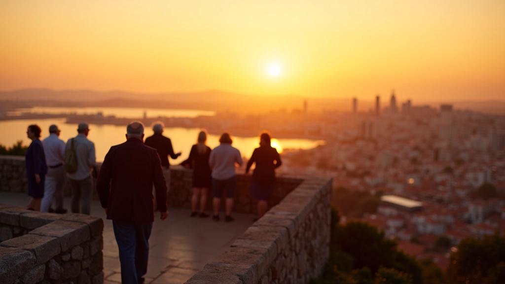 Grupo de jubilados disfrutando de la vista desde los bastiones, con vista al puerto y ciudad al fondo
