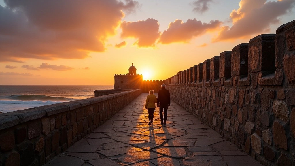 Estructura arquitectónica histórica del fuerte con múltiples niveles accesibles, vistas amplias del horizonte marino al atardecer