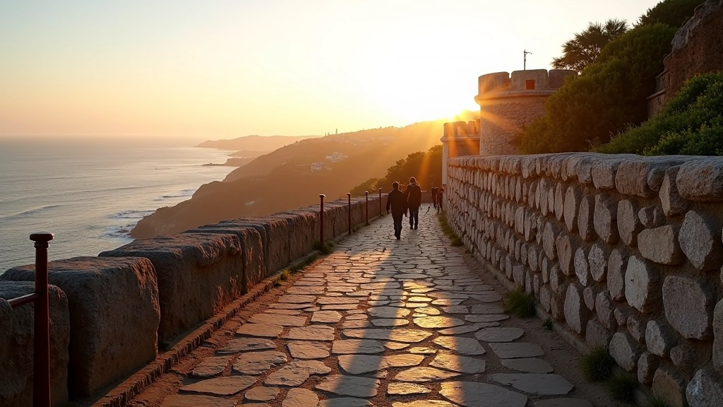Escalinata de piedra con barandilla metálica de seguridad, ruta histórica con vistas al océano al fondo