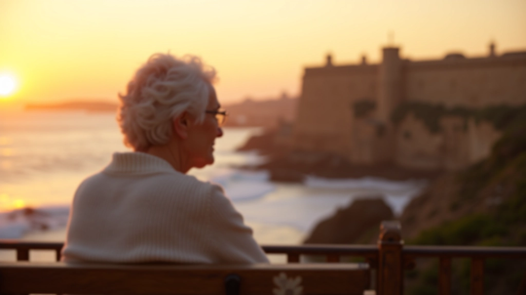 Persona mayor sentada en un banco disfrutando del atardecer en los bastiones, con vista al mar