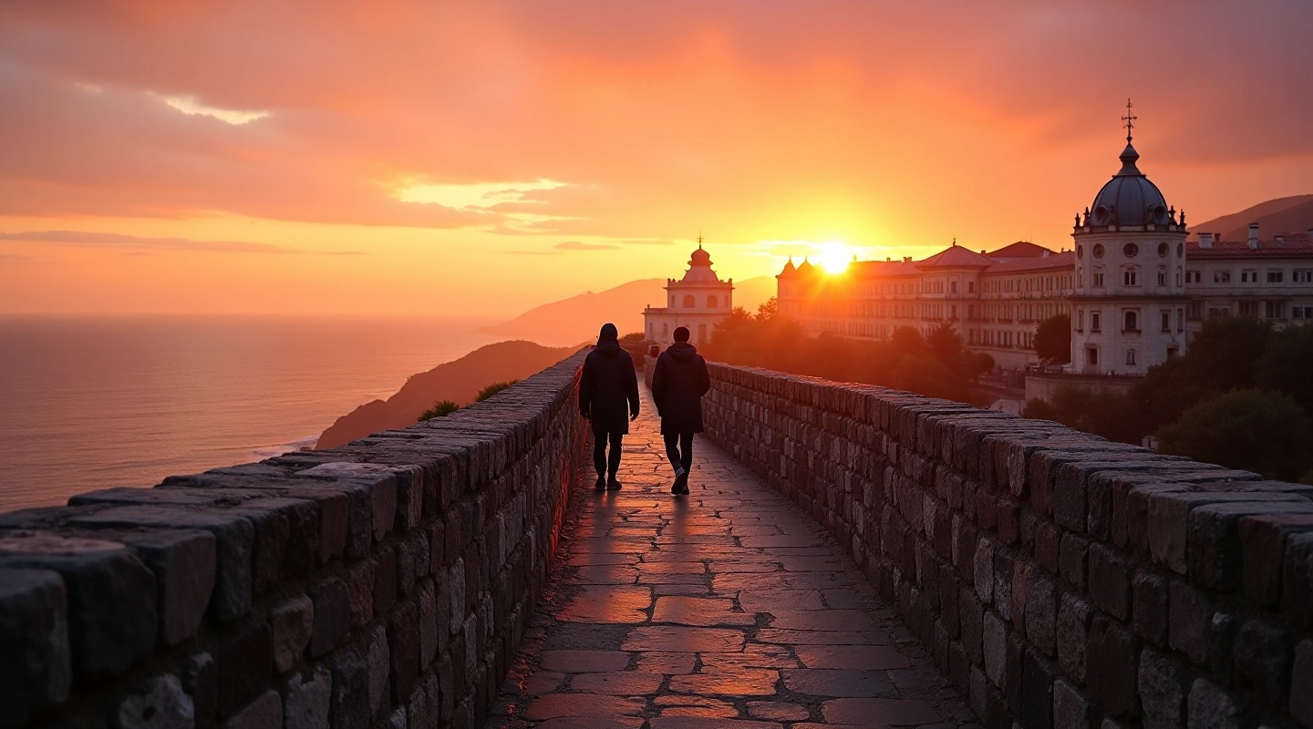 Vista panorámica de los bastiones del fuerte al atardecer con cielo naranja y rosa